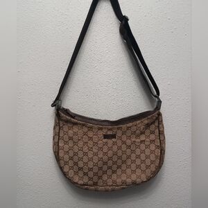 Authentic GUCCI Shoulder Bag GG Pattern Hobo Canvas x Leather
